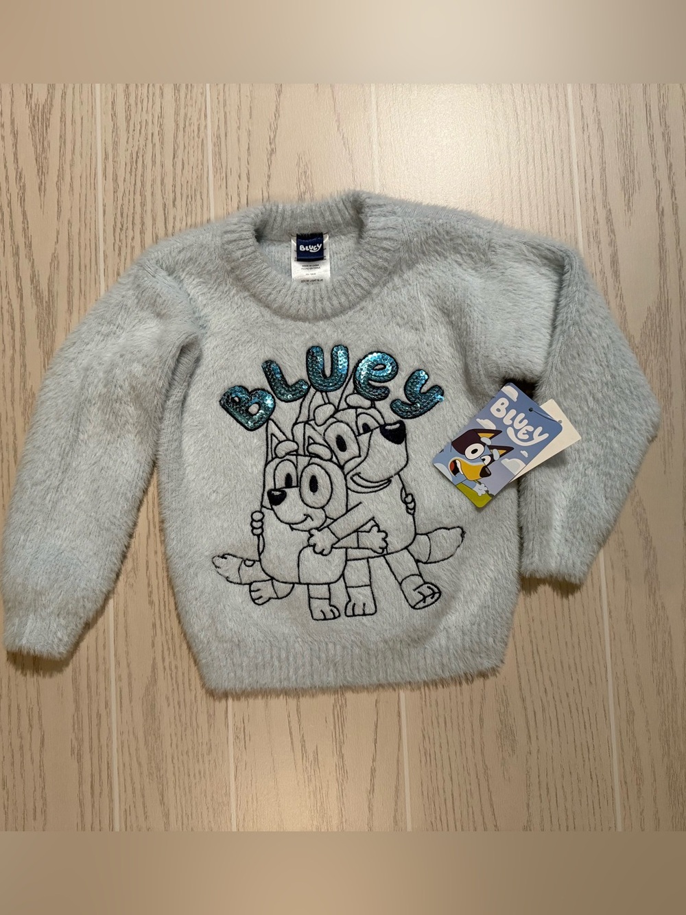 Bluey Toddler Girls 3T Fuzzy Sequin Sweater Blue Bingo Cozy Winter NWT